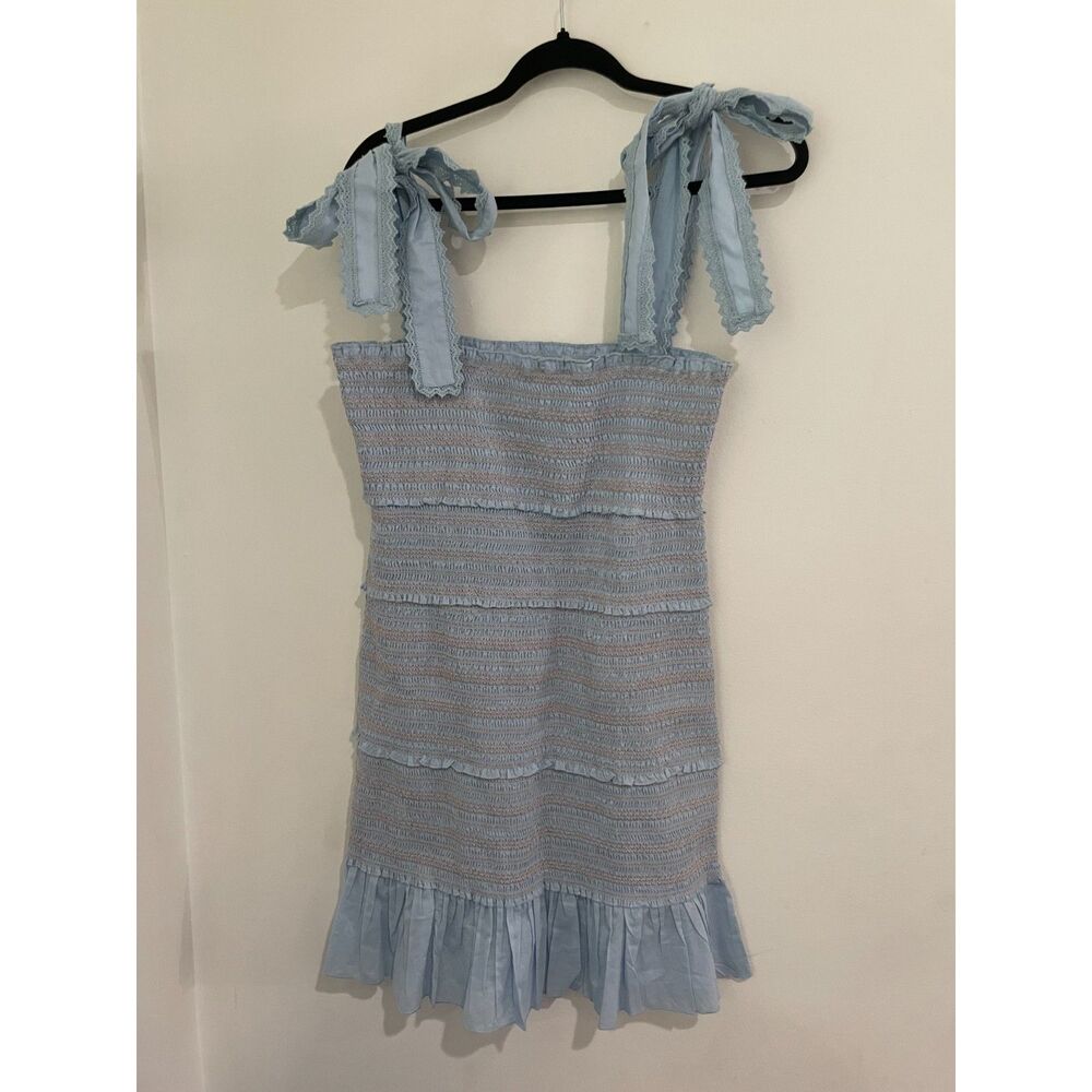 Chelsea & Violet Light Blue Tan Smocked Tiered Dress Tie Shoulder Large Boho